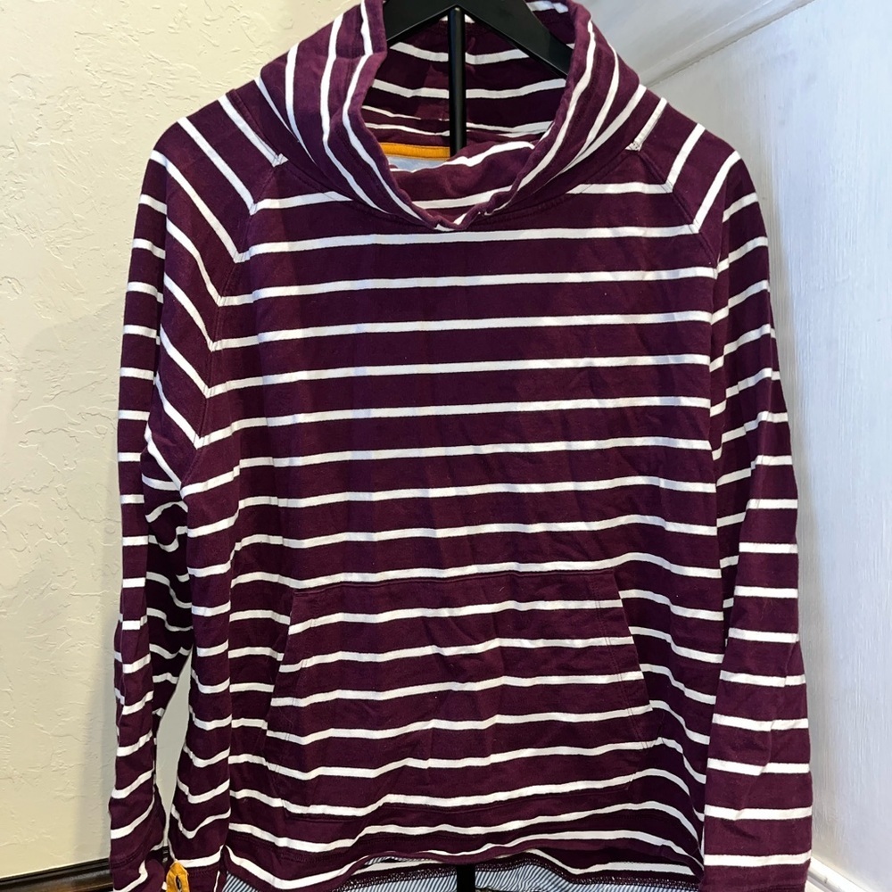 ORVIS Burgundy Stripe Pullover Cowl Neck Sweatshirt Kangaroo Pocket Womens XL